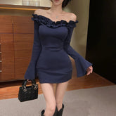 Voguable Sexy Ruffle Mini Dress Women Slash Neck Backless Flare Long Sleeve Slim Fit Dresses Vintage Solid Female Elegant Casual Dress voguable
