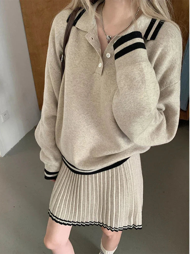 College Style Elegant Sweater Skirt Suit Women Fashion Polo Neck Tops + Pleated Mini Skirt Harajuku Knit Casual Two Piece Suit Pbong