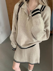 College Style Elegant Sweater Skirt Suit Women Fashion Polo Neck Tops + Pleated Mini Skirt Harajuku Knit Casual Two Piece Suit Pbong