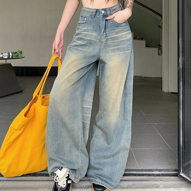 Voguable Vintage Washed Distressed Wide Leg Jeans Woman Lazy Style High Waist Denim Long Pants Woman Korean Casual Loose Straight Jeans voguable