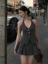 Voguable American Retro Design Feeling Bow Hanging Neck Vest Women's Summer New Suit A-line Short Skirt Two-piece Set Female Clothing voguable