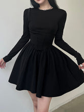 Black Long Sleeve O Neck Pleated Dress mysite
