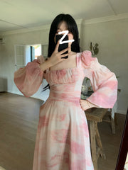 Voguable Chiffon Long Sleeve Floral Midi Dress Chic French Slim Elegant Women Dress Casual Fashion Beach Style Office Lady Dresses voguable