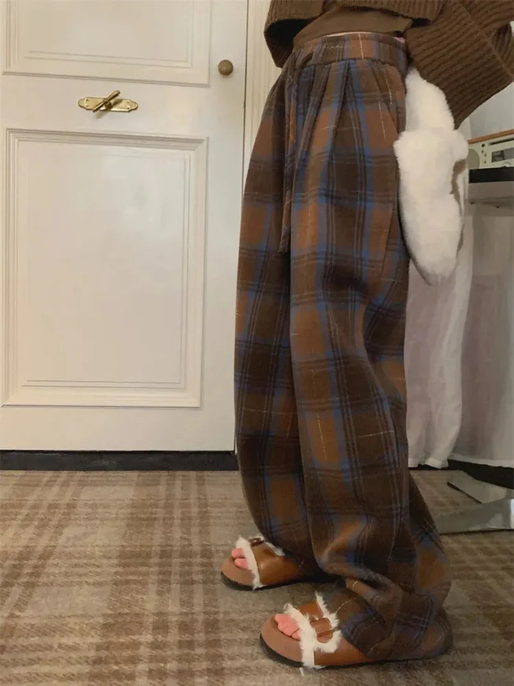 Faux Woolen Warm Plaid Pants Women Vintage Harajuku High Waist Wide Leg Trousers Streetwear Retro Loose Casual Fall Winter Pant voguable