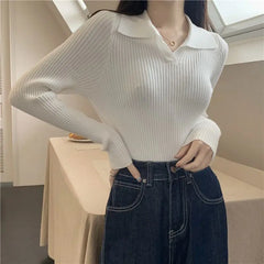 Autumn Winter Women Lapel Pullover Sweaters Basic Long Sleeve Knitted Sweater for Woman Solid Color Jersey Tops Clothes Mujer voguable
