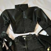 Voguable Gothic Streetwear PU Denim Crop Top And Pleated Skirt 2 Piece Set Women Dark Academia Outfit voguable