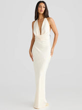 Satin Halter Backless Sexy Maxi Dress Women Gown Elegant Solid Sleeveless Lace-up High Waist Evening Club Long Dress voguable