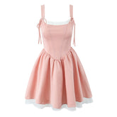 Sweet Elegant Girl Lace Up Back Pink Princess Mini Dress Women Sexy Low Waist Slim Birthday Party Dresses Summer Robe