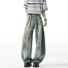 Men Blue Washed Denim Jeans Loose Fit Wide Leg Baggy Streetwear Casual Trousers Hip Hop Graffiti Design Fashion Stretch Comfort voguable
