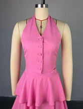Voguable Women's clothing summer new fashion sweet and fresh hanging collar vest high waist cake skirt two-piece set voguable