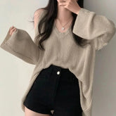 Sexy Off Shoulder Sweater Women V Neck Long Sleeve Thin Knitwear Korean Oversized Loose All Match Casual Female Pullovers New voguable