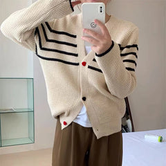 Striped Knit Cardigan Sweater with Heart-shape Button Front V-Neck Sweater Jacket Female Autumn Winter French Chic Cute Outfit voguable