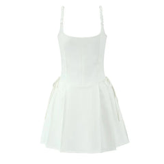 Sexy Elegant Women Lace Trim Black White Spaghetti Straps Dress Bow Low Waist A-line Mini Dresses Evening Party Robe