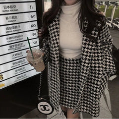 Voguable Spring Autumn New Houndstooth Suit Women's Fashion Loose Double-Breasted Cotton Woolen Coat+High Waist Skirt Two-Piece Suit voguable