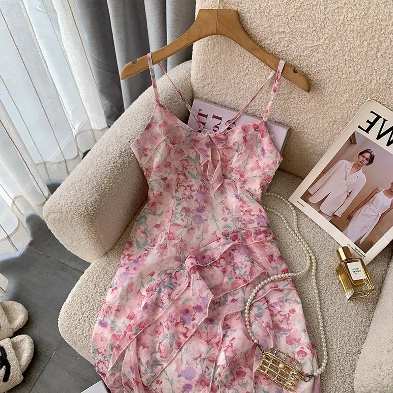 Voguable Women Sexy Backless V-Neck Floral Print Suspender Dresses 2023 Summer High Waist Chiffon Hotsweet Beach Ruffles Dress voguable