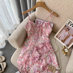Voguable Women Sexy Backless V-Neck Floral Print Suspender Dresses 2023 Summer High Waist Chiffon Hotsweet Beach Ruffles Dress voguable