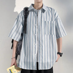 Voguable Men's Casual Breathable Short Sleeve Shirt Vertical Stripe Color-Block Lapel Relaxed Fit Trendy Summer Style Top voguable