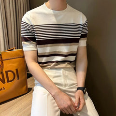 Men's Clothing Light Luxury Business Striped T-shirt Casual Slim Knitted O Neck Short Sleeve T-shirt High Quality Patchwork Tops voguable