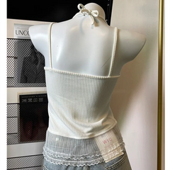 Lace Splicing Bow Ank Top Women Summer Sleeveless Crop Off Shoulder Spaghetti Strap Halter Neck Lace Up Casual Slim Fit Camis voguable