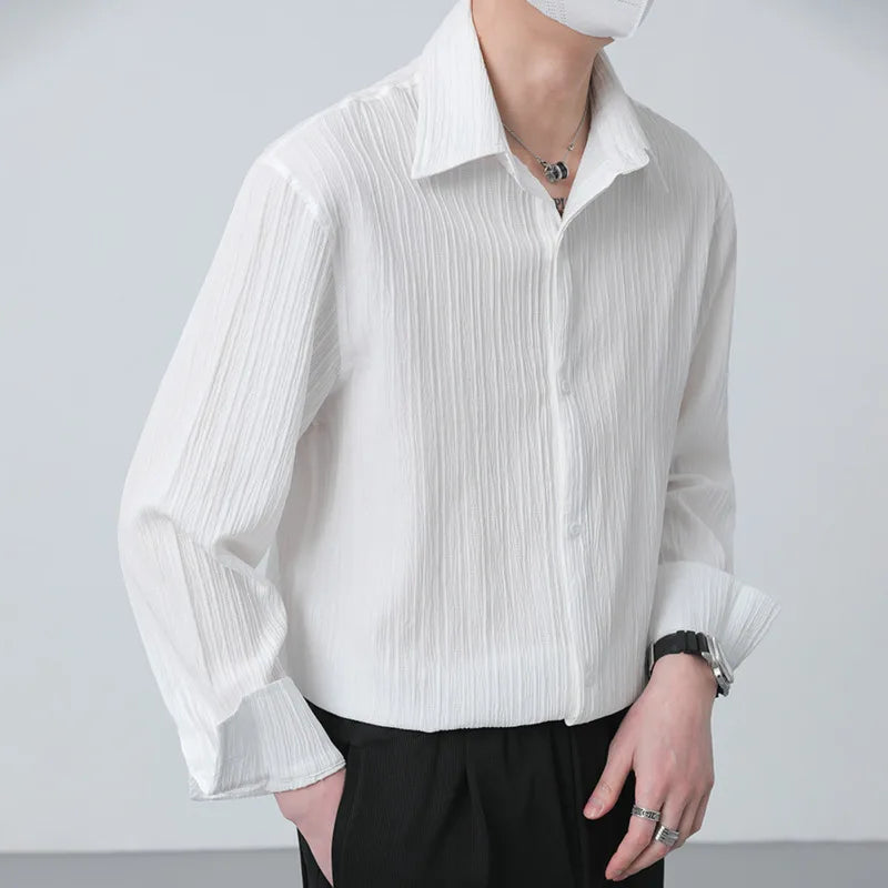Voguable Summer Thin Shirt Men Slim Fit Fashion Social Men Dress Shirt Korean Casual White Long Sleeved Shirt Men Pleated Shirts M-2XL voguable