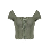 y2k Tops Women Coquette Clothing Lace Trim Tie Front V Neck Short Sleeve T Shirts 2000s Grunge Clothes Streetwear voguable