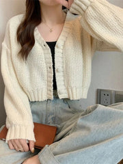 Sexy Cropped Sweet Cardigan Women V Neck Vintage Slim Long Sleeve Knitted Sweaters Korean Causal Simple Solid Lady Fall Tops New voguable