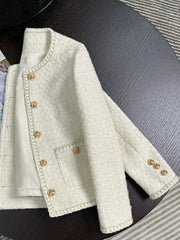 Chic White Tweed Jackets Women Korean Long Sleeve Sweet Coat Fashion O Neck Elegant Casual Female All Match Outwear Tops voguable