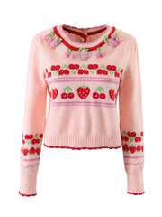 Voguable New Fashion Women Sweet Pink Strawberry Cherry Thin Knit Sweater O Neck Long Sleeve Female Crop Pullover Autumn Tops voguable