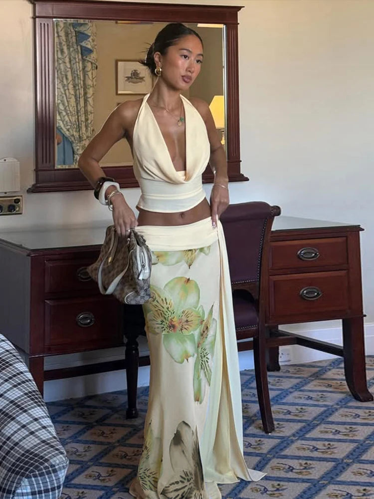 Elegant Women 3 Piece Set Stack Trend Halter Tops+Split Tassel Tassel+Flowers Mesh Skirts Matching Vacation Clubwear voguable