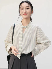 Elegant Lace Up Striped Blouse Women Fall Chic Hollow Out Long Sleeve Sweet Shirt Korean High Quality Loose Fashion New Top voguable