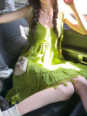 Y2k Fashion Leisure Holiday Wind Fruit Green Dress Summer Cool Feel Lazy Wind Hollow Pendant Feeling Suspender Long-Short Dresse voguable