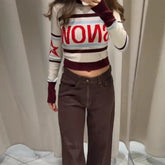 Voguable Ski Wear Knit Short Sweater Women Letter Contrast Color Snow O-neck Long Sleeve Female Pullover Spring Street Striped Top voguable