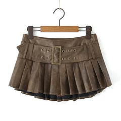 American Retro With Belt Pleated Mini Skirt Women Low Waist Brown Faux Leather Skirts Cool Girl PU Y2K saia