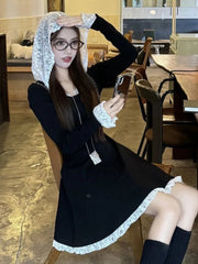 Women's French Lace Patchwork Y2K Dress Hooded Long Sleeves Slim Waist A-Line Short Skirt 2025 New Spring Summer Chic Vestidos voguable
