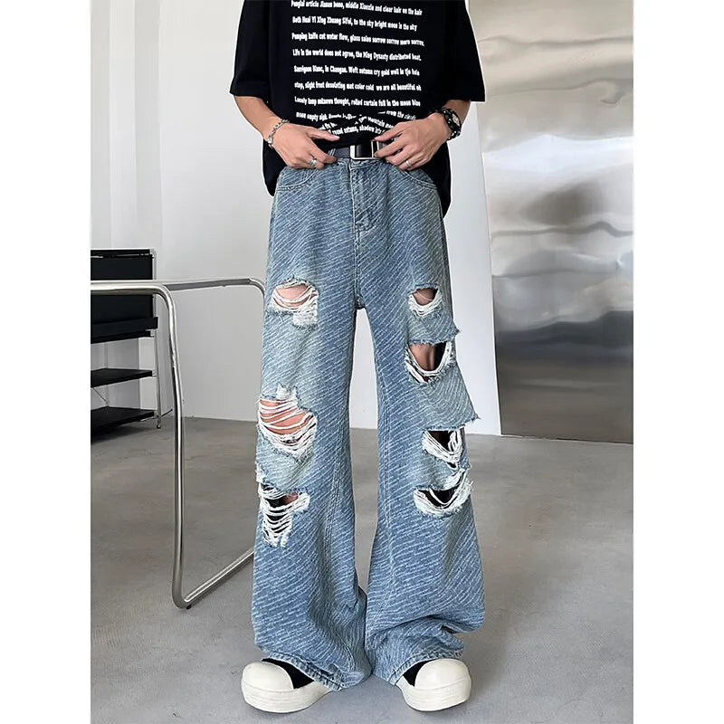 Men's Ripped Hole Jacquard Jeans Summer Thin Handsome Casual Pants Unisex High Street Straight Wide Leg Jeans Blue/Black