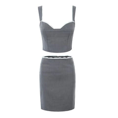 Sexy Women Lace Trim Gray Pencil Skirt Back Slit Low Waist Package Hips Knee Length Skirts