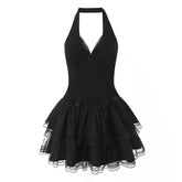 French Style Retro Spicy Girl Halter Mini Black Dress Women Fashion Backless Lace Spliced Bow Sexy Dresses Summer Robe voguable