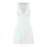 European And American Sexy Hollow Out Embroidered Dress Women V Neck Sleeveless A-line Mini White Dresses Summer Robe voguable