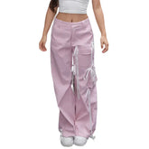 Voguable y2k Pants Women Solid Color 3D Bowknot Low Waist Baggy Cargo Trousers with Multi Pockets 2000s Clothing Streetwear voguable