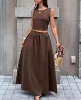 Voguable Spring/Summer New Women's Set Solid Color Leisure Resort Style Sleeveless Backless Top Half Skirt Two Piece Set voguable