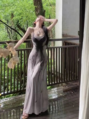 Retro Ink Butterfly Tie Dye Camis Dress Women Summer Slim Sleeveless Midi Dress Y2K Korean Sweet Mesh Spaghetti Straps Vestidos voguable