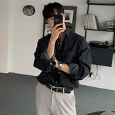 2024 Autumn Korean Fashion Black Denim Shirt Men Long Sleeved Loose Retro Lapel Button All-match Casual Mens Shirts Jacket voguable