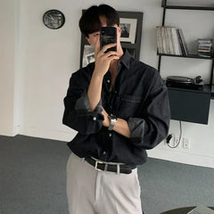 2024 Autumn Korean Fashion Black Denim Shirt Men Long Sleeved Loose Retro Lapel Button All-match Casual Mens Shirts Jacket voguable