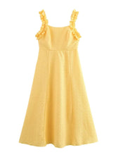 Fashion French Yellow Suspender Dress Long Dress 2025 Summer Ruflle Square Collar New Dress A-line Simple Fashion Woman Clothing voguable