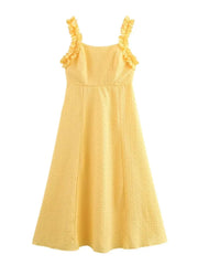 Fashion French Yellow Suspender Dress Long Dress 2025 Summer Ruflle Square Collar New Dress A-line Simple Fashion Woman Clothing voguable