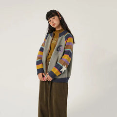 Vintage Rainbow Striped Sweater for Women Winter New Soft Long Sleeve Knitted Cardigan Female Harajuku Loose O Neck Zipper Coat voguable