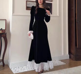 Voguable Elegant temperament long sleeved gold velvet dress for autumn and winter new black patchwork lace long skirt women's wear voguable