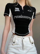 Voguable Techwear Stitching Printing T-shirt Fashion Zipper V-neck Top Streetwear Cool Hot girls Summer Short Sleeve Clothes voguable