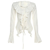 Fairycore Top White Clothes Women Gothic Ruffled V Neck Flared Long Sleeve Ripped Blouse Shirt y2k Aesthetic Clothing voguable