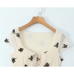 French Style Floral Print Summer Dress For Women Short Sleeve V Neck A-line Mini Dresses Holiday Robe